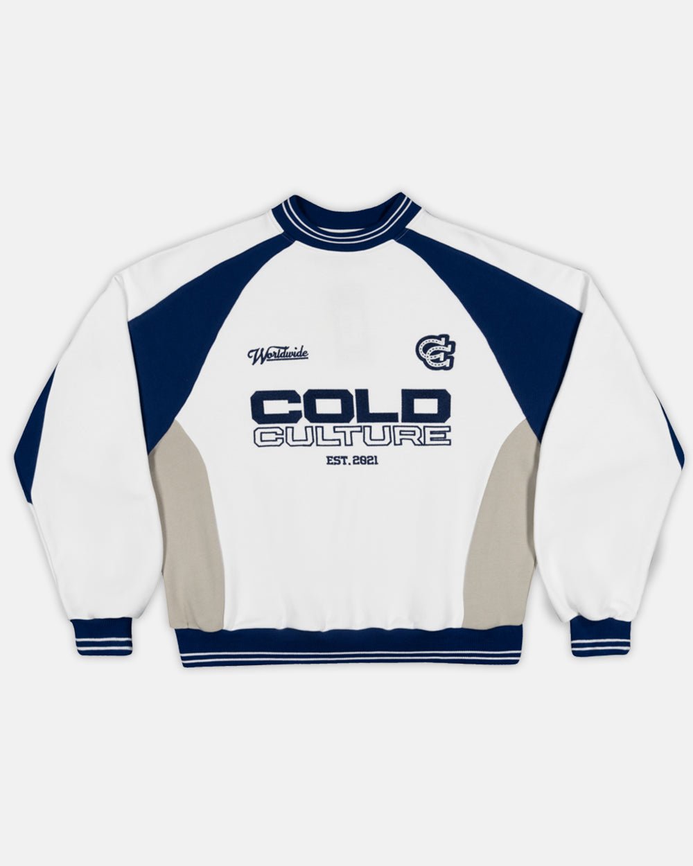 CAMISETA VAQUERA UNIVERSITARIA DE CUELLO REDONDO BLANCA/AZUL