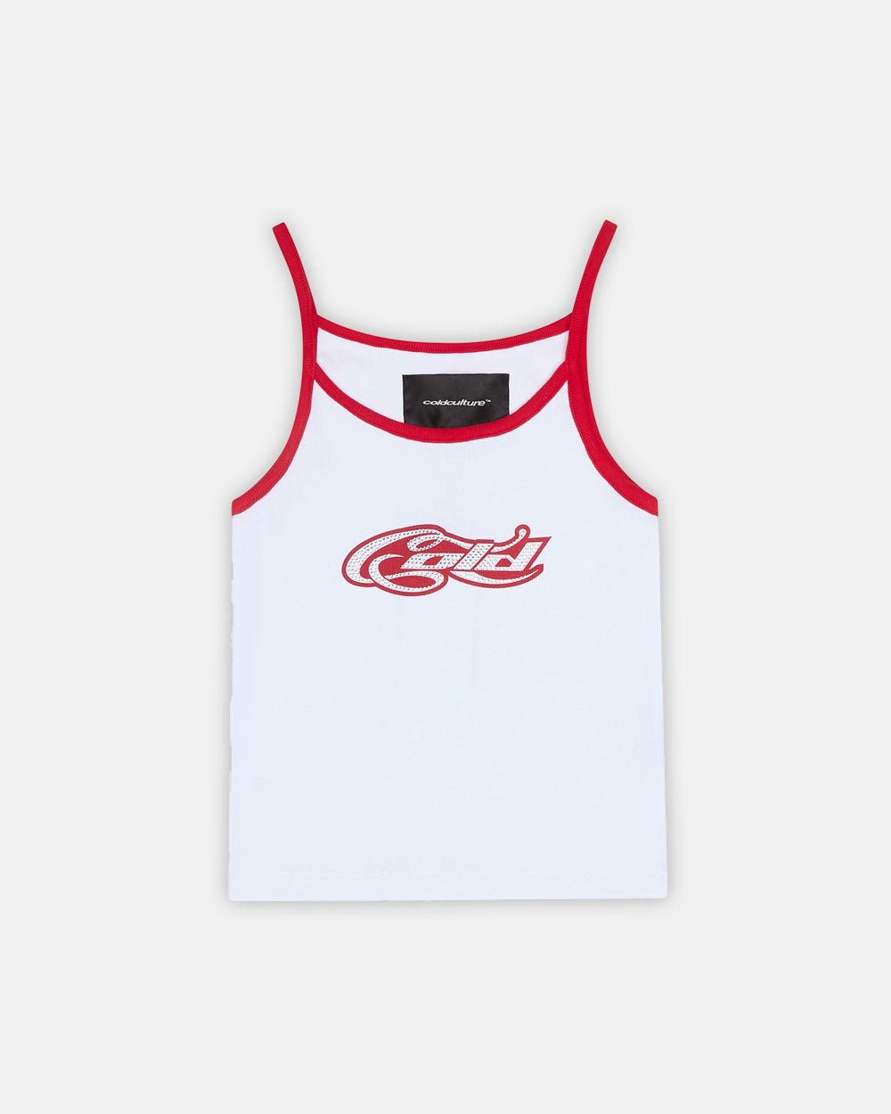 TOP RIZADO CON STRASS FRÍO BLANCO Y ROJO